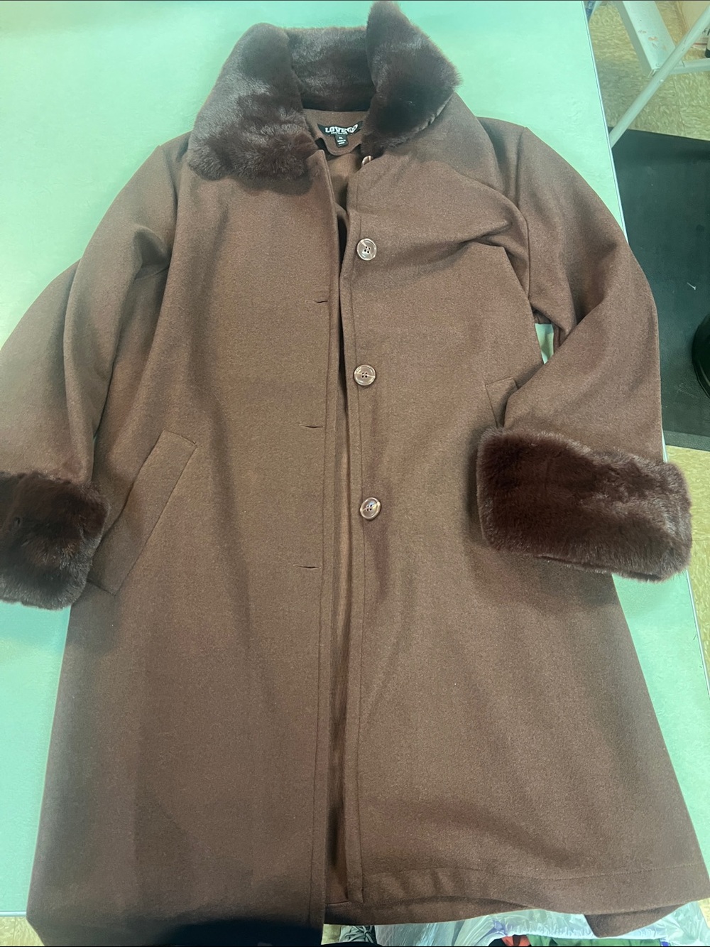 Lands' End Women's Dark Brown Wool-Blend Pea Coat with Faux Fur Trim